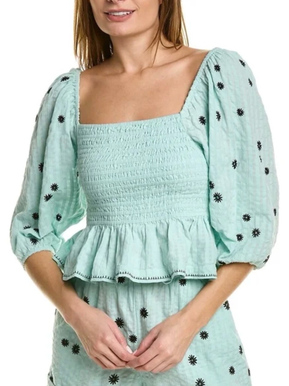 Tanya Taylor Mint Smocked Square-Neck Peplum Top with Black Floral Embroidery